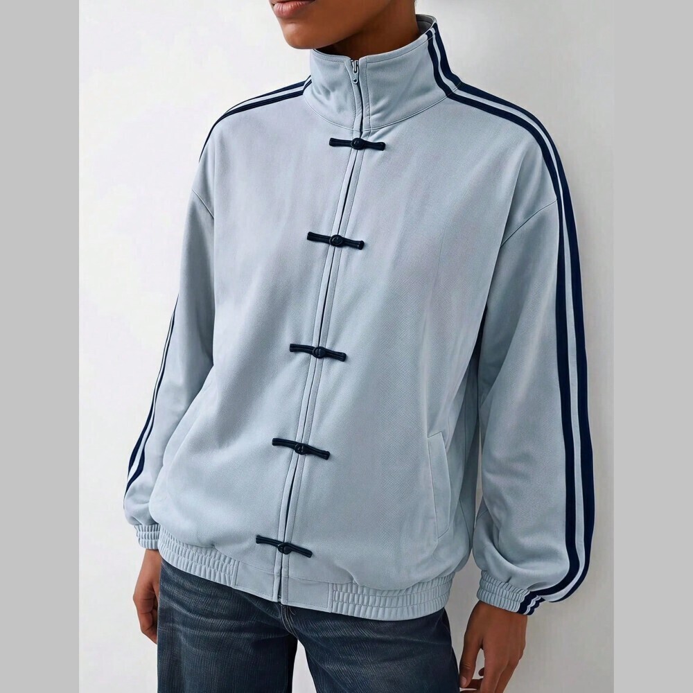 Sky Blue Track Jacket with Navy Stripes and Frog Closures - Picture 2 of 8